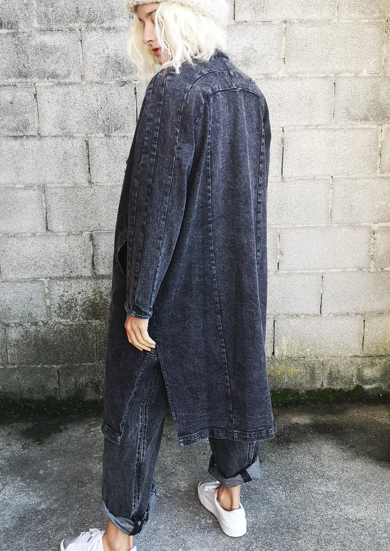 COAT LONG REVERS - DENIM washed black