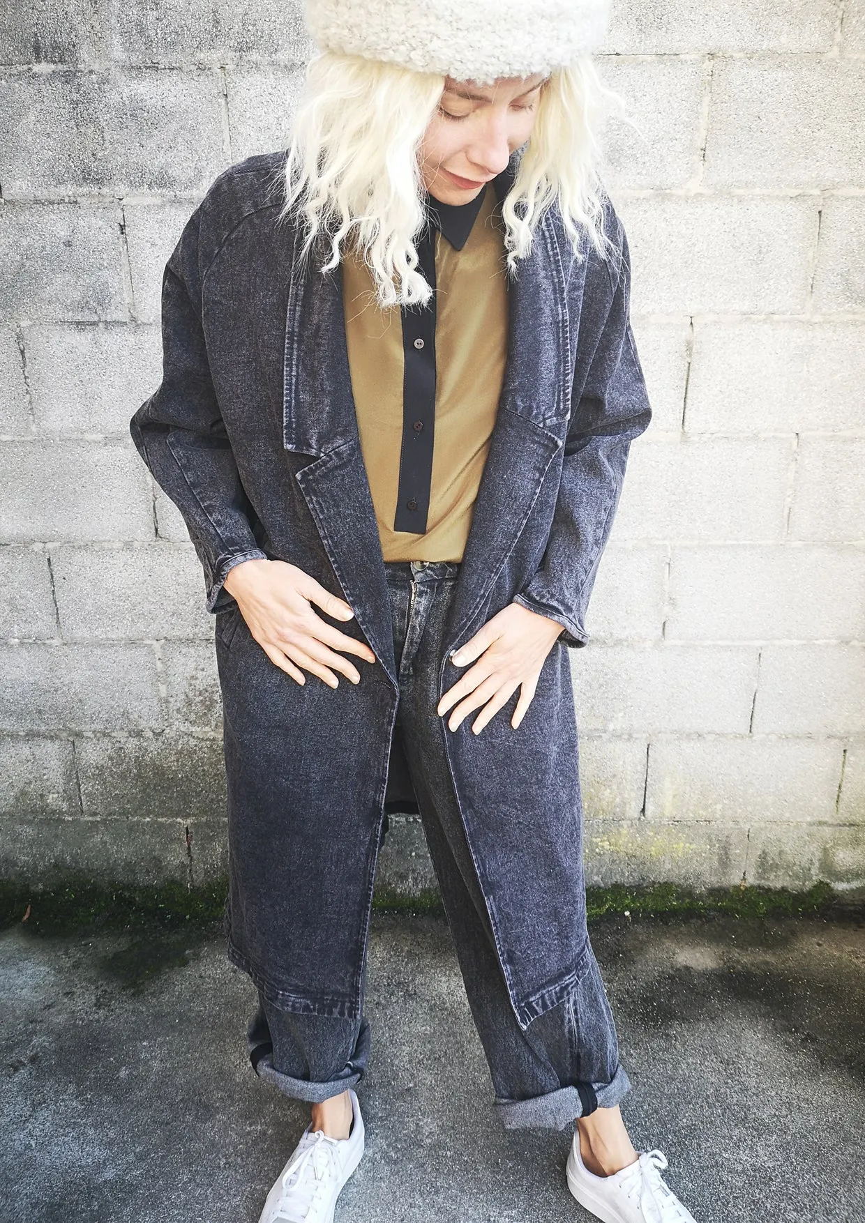 COAT LONG REVERS - DENIM washed black