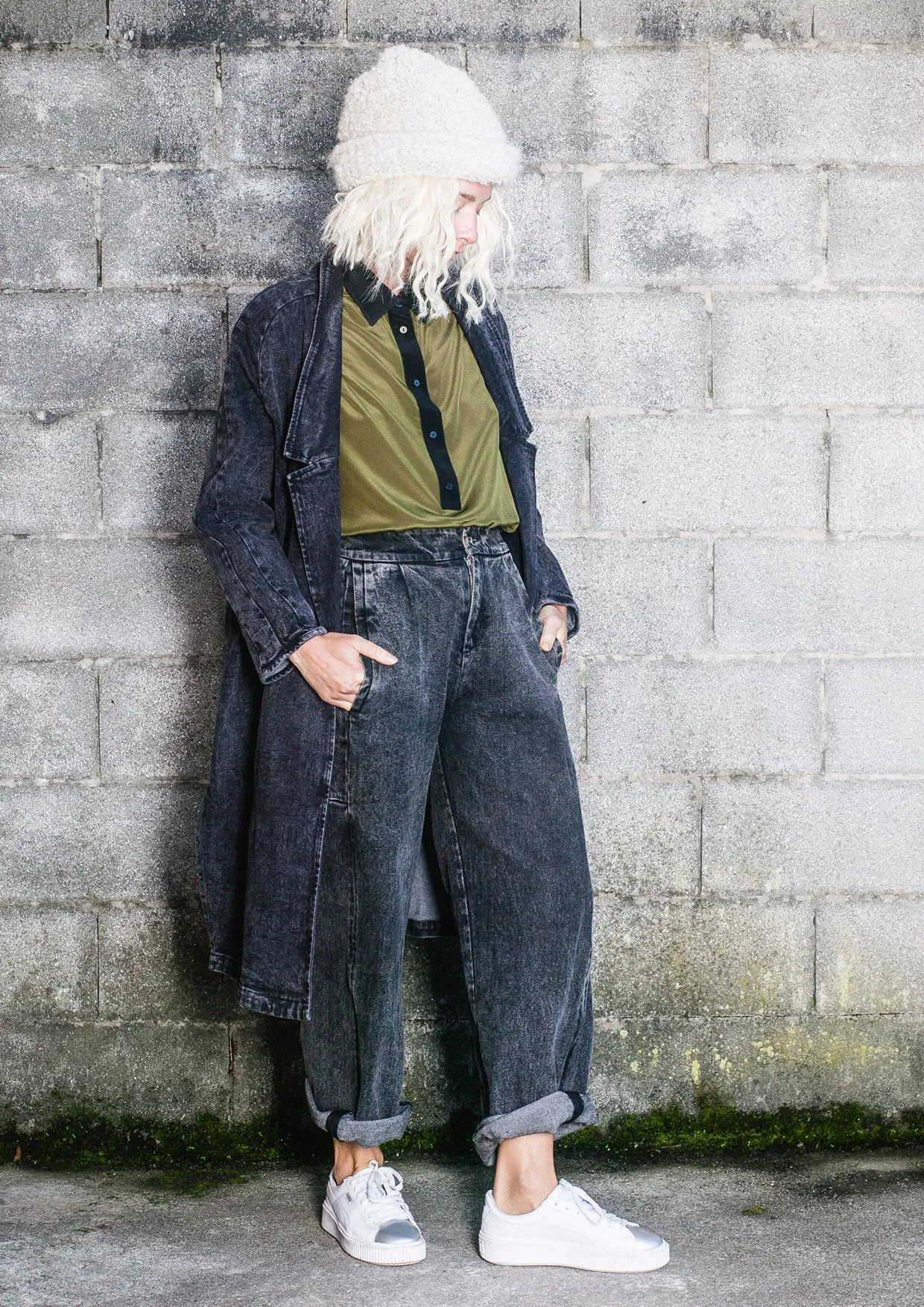 COAT LONG REVERS - DENIM washed black