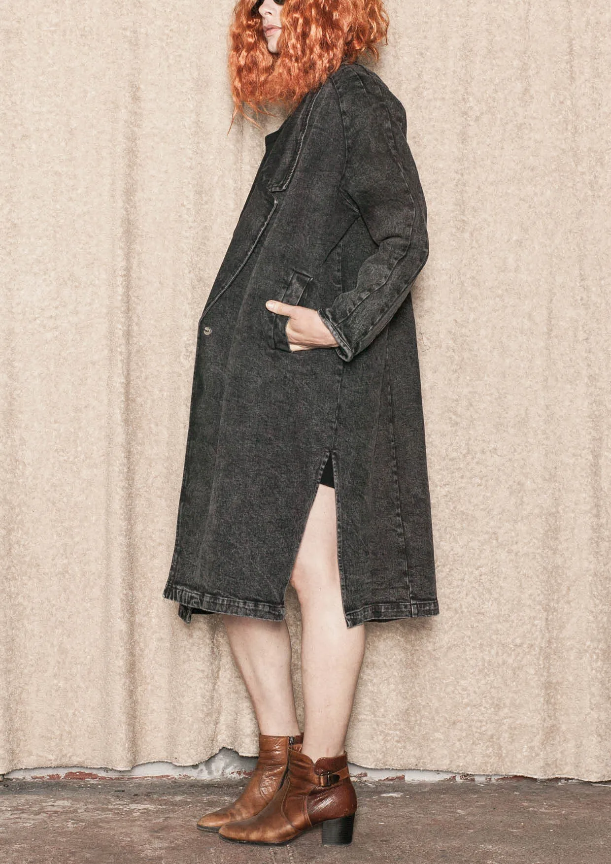 COAT LONG REVERS - DENIM washed black