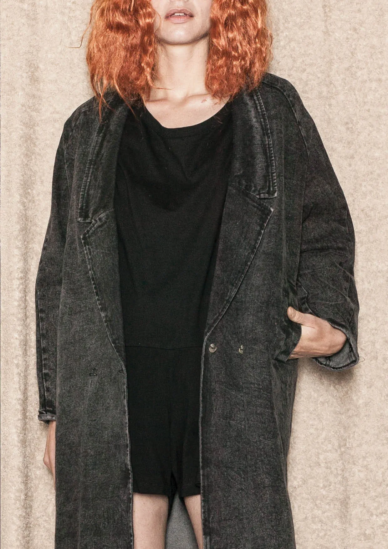 COAT LONG REVERS - DENIM washed black