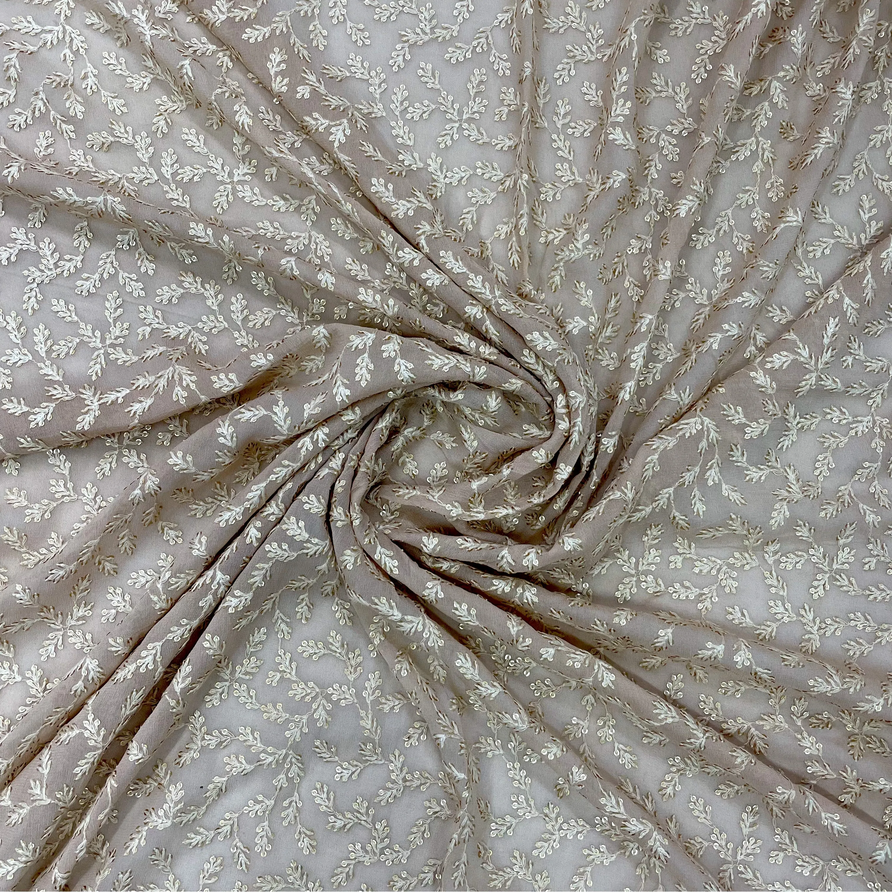 Cream Leaf Embroidery Sequins Georgette Fabric