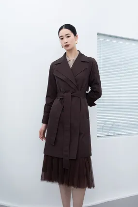 Dark Brown Belted Trench Coats Double Collar