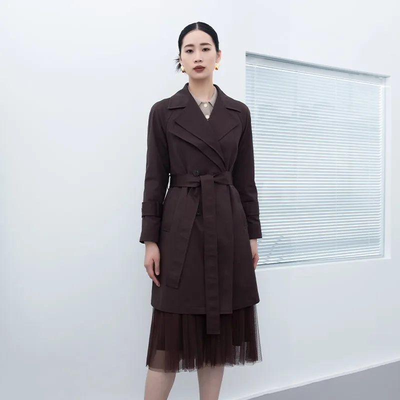 Dark Brown Belted Trench Coats Double Collar