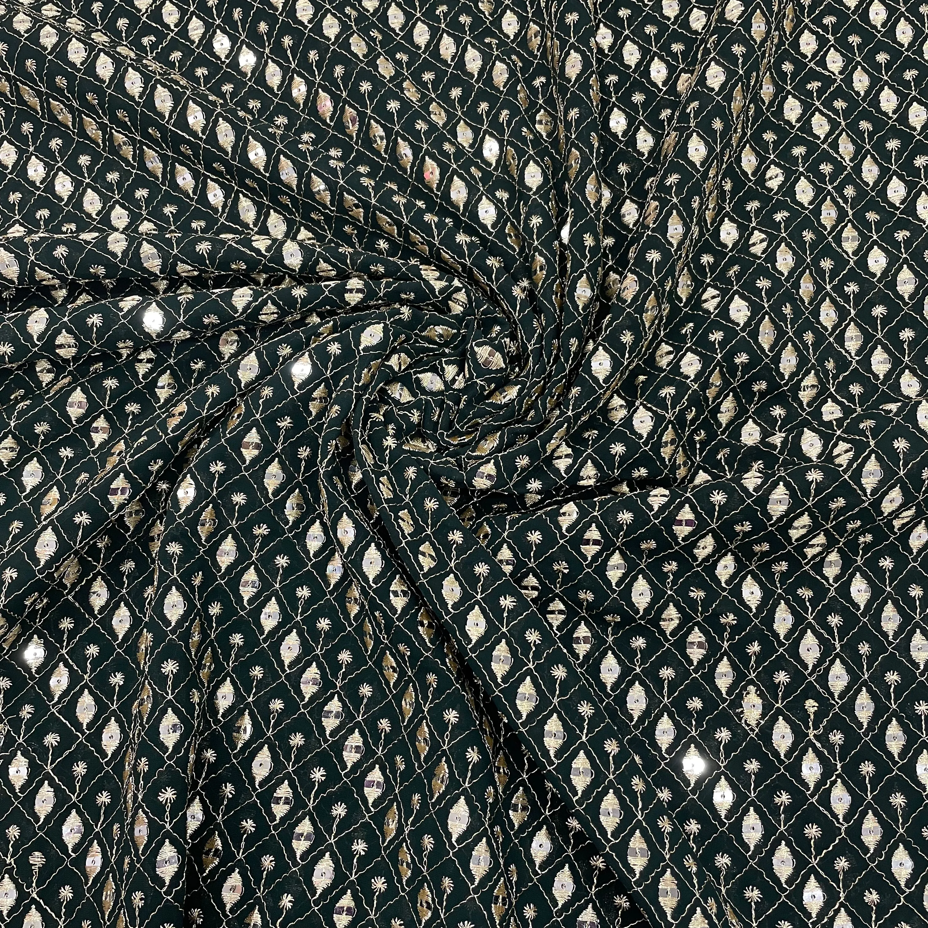 Dark Green Check Embroidery Sequins Georgette Fabric