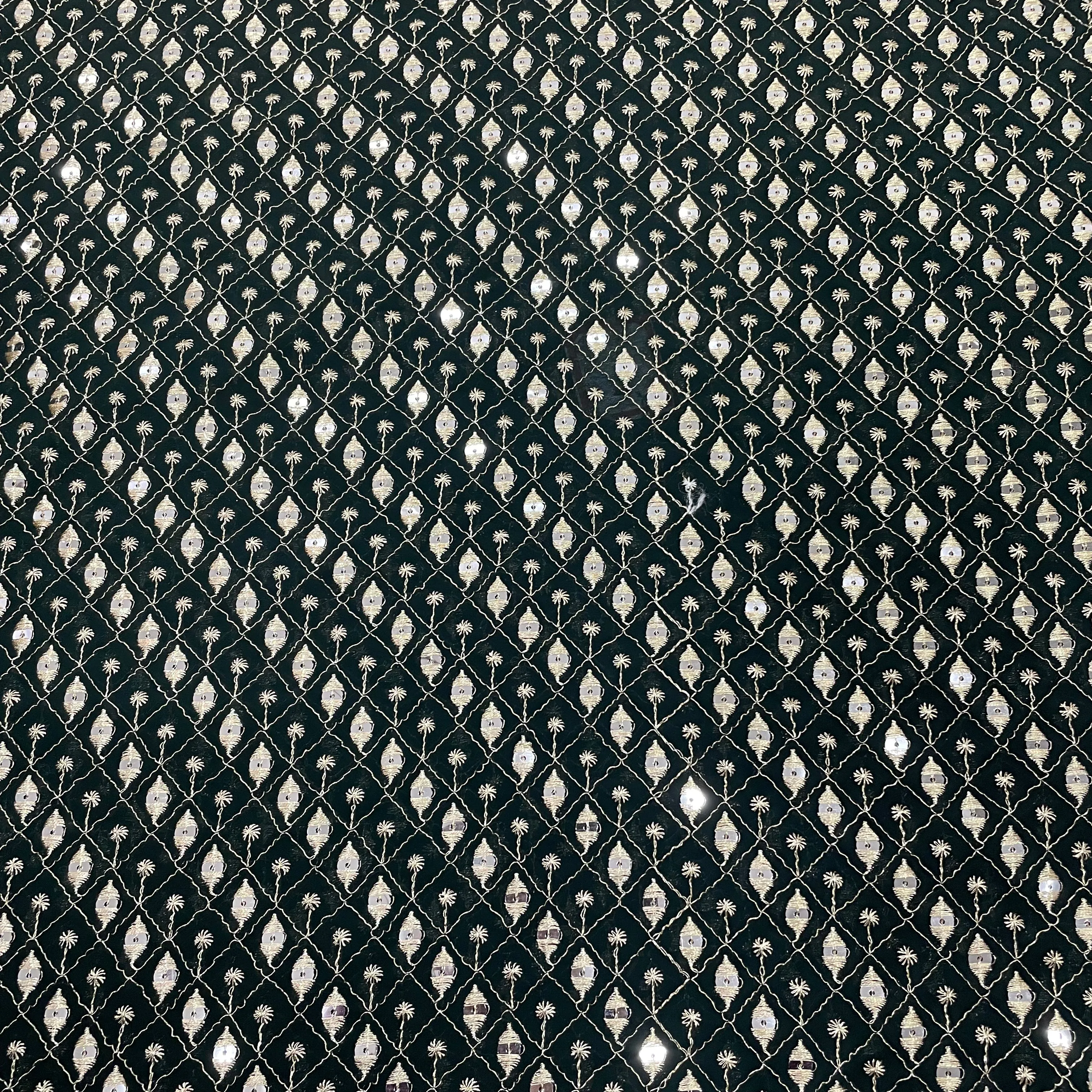 Dark Green Check Embroidery Sequins Georgette Fabric