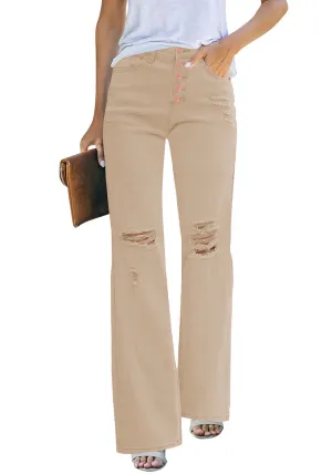 Desert Sand High Waisted Ripped Flare Jeans for Women Destressed Bell Bottom Jeans Wide Leg Pants