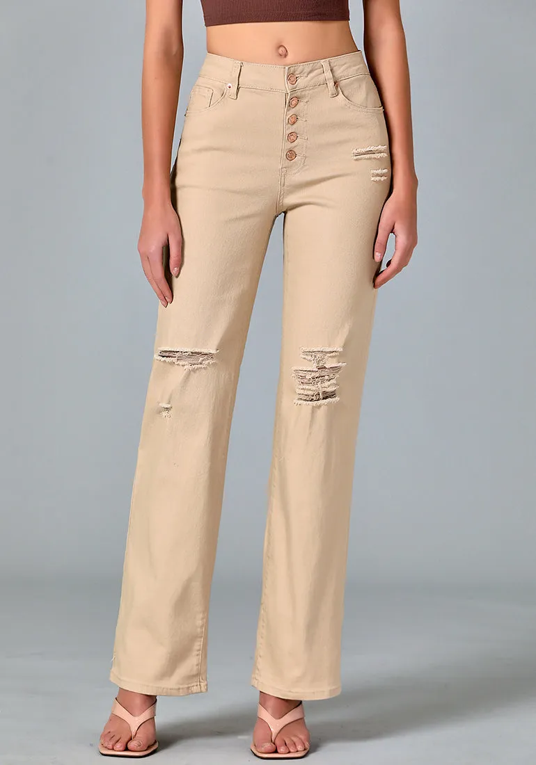 Desert Sand High Waisted Ripped Flare Jeans for Women Destressed Bell Bottom Jeans Wide Leg Pants