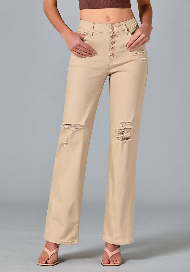 Desert Sand High Waisted Ripped Flare Jeans for Women Destressed Bell Bottom Jeans Wide Leg Pants