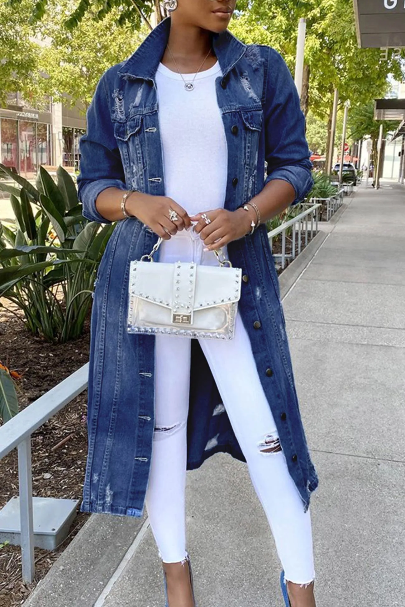 Distressed Denim Long Trench