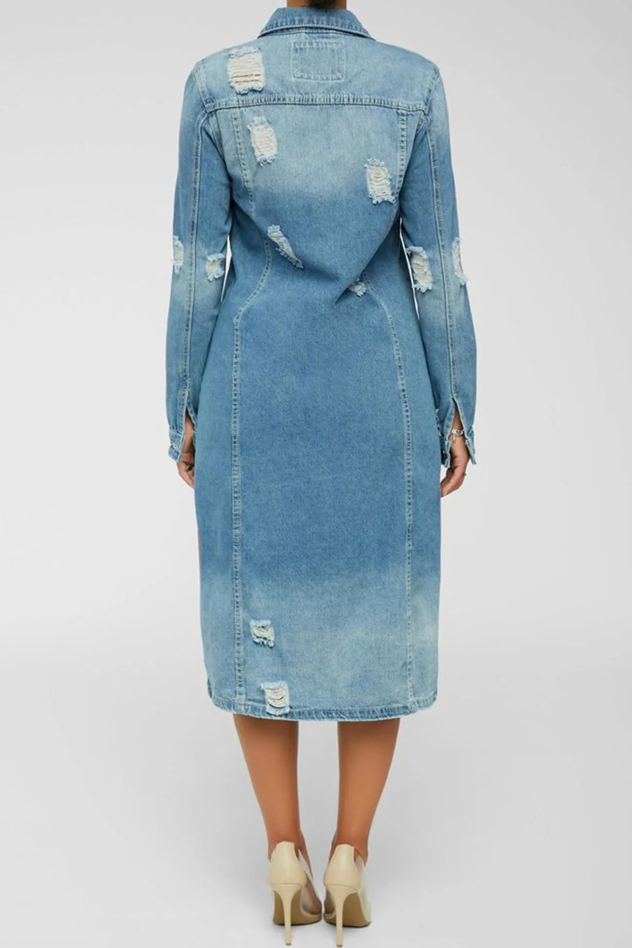 Distressed Denim Long Trench