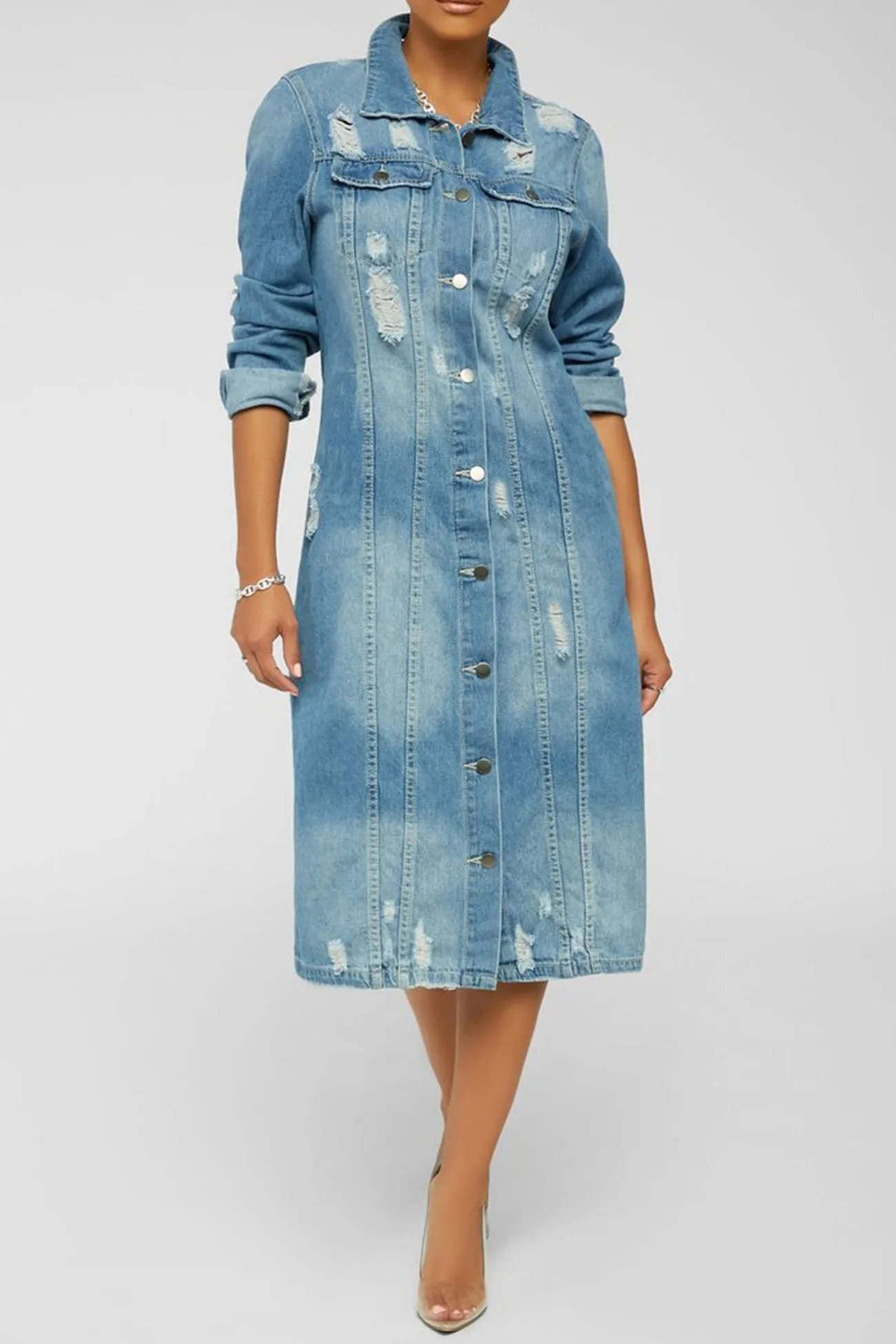 Distressed Denim Long Trench