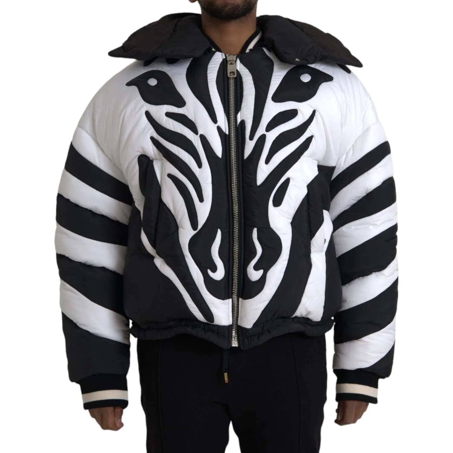 Dolce & Gabbana Black White Stripes Hooded Puffer Jacket