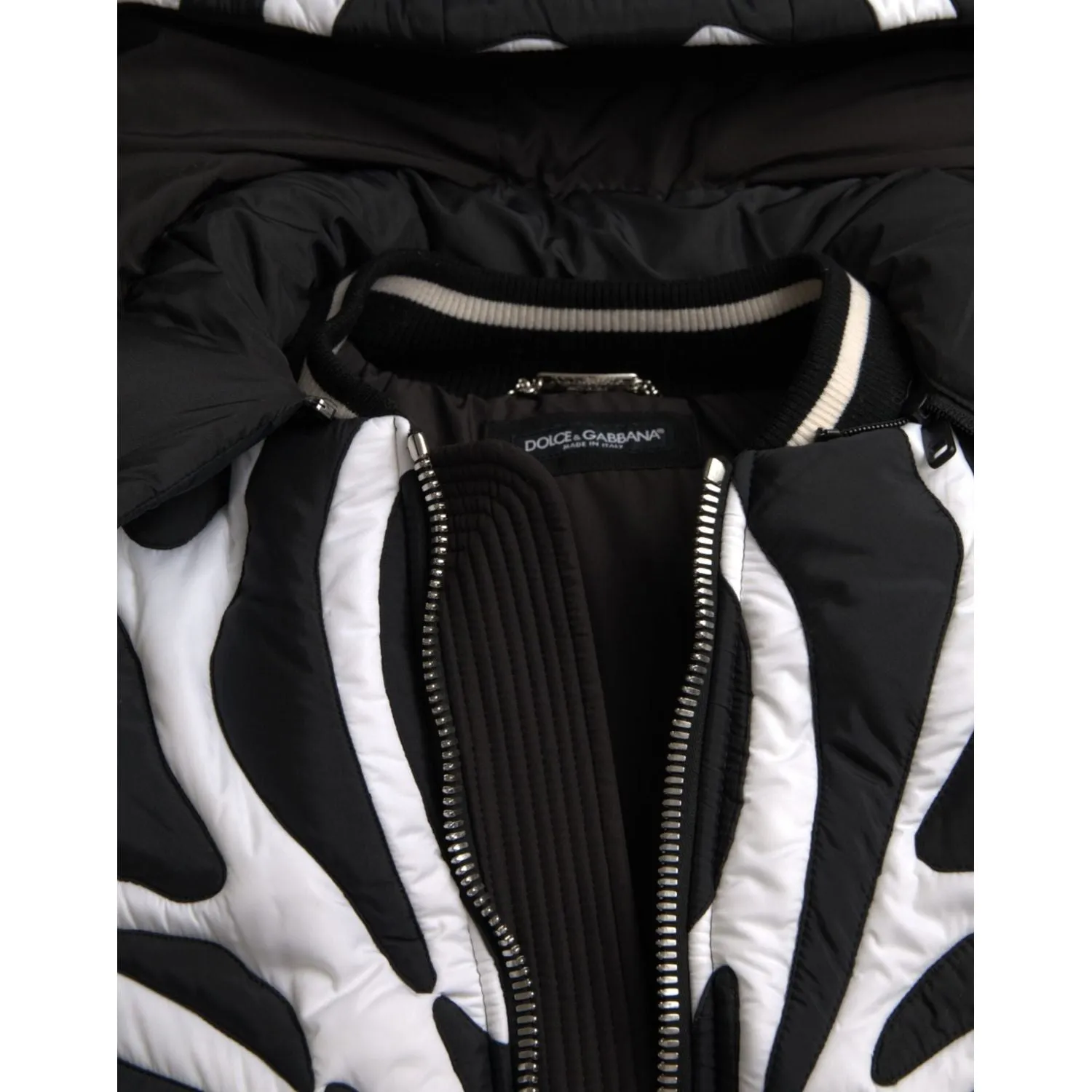 Dolce & Gabbana Black White Stripes Hooded Puffer Jacket