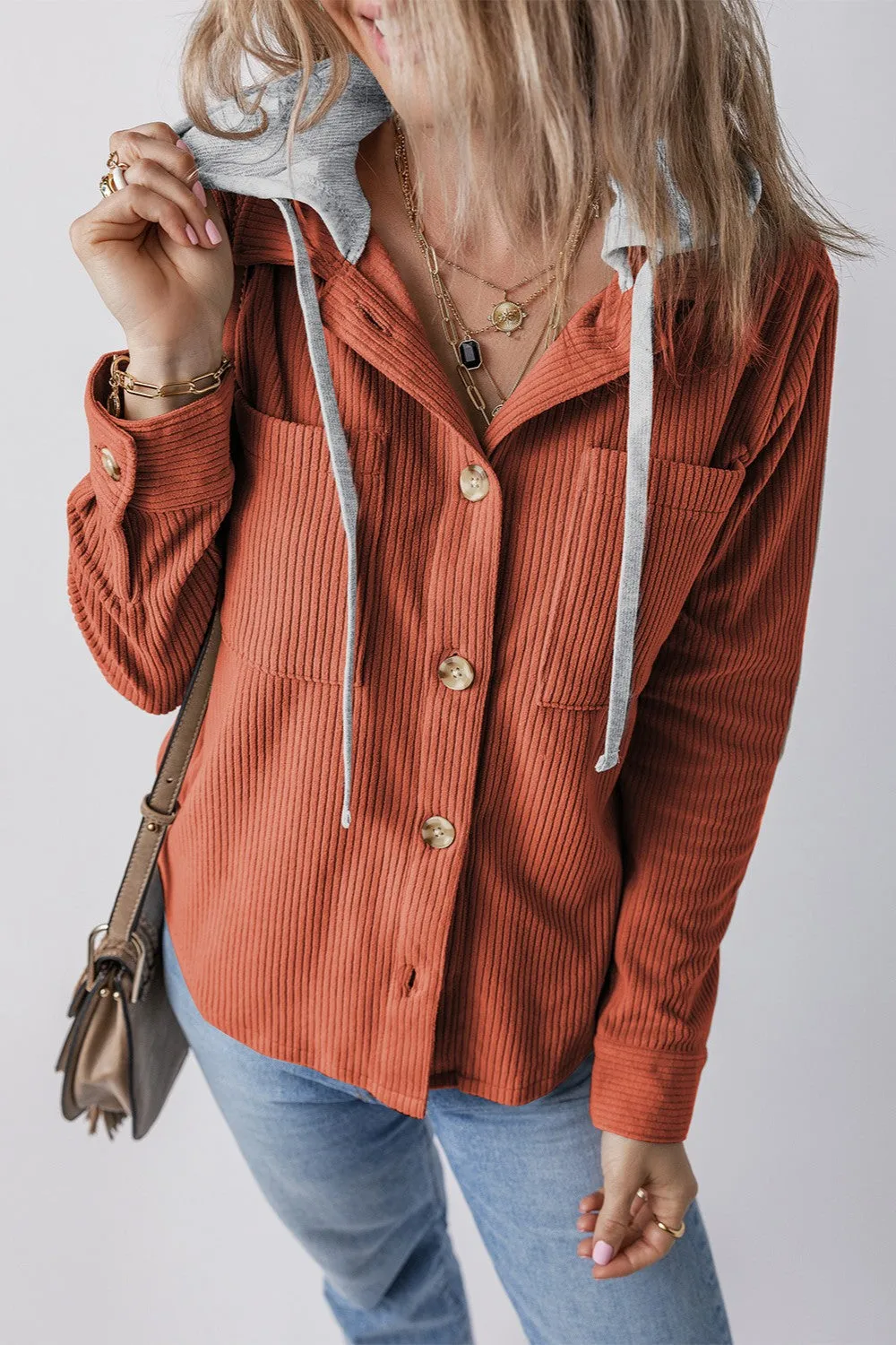 Drawstring Button Up Long Sleeve Hooded Jacket