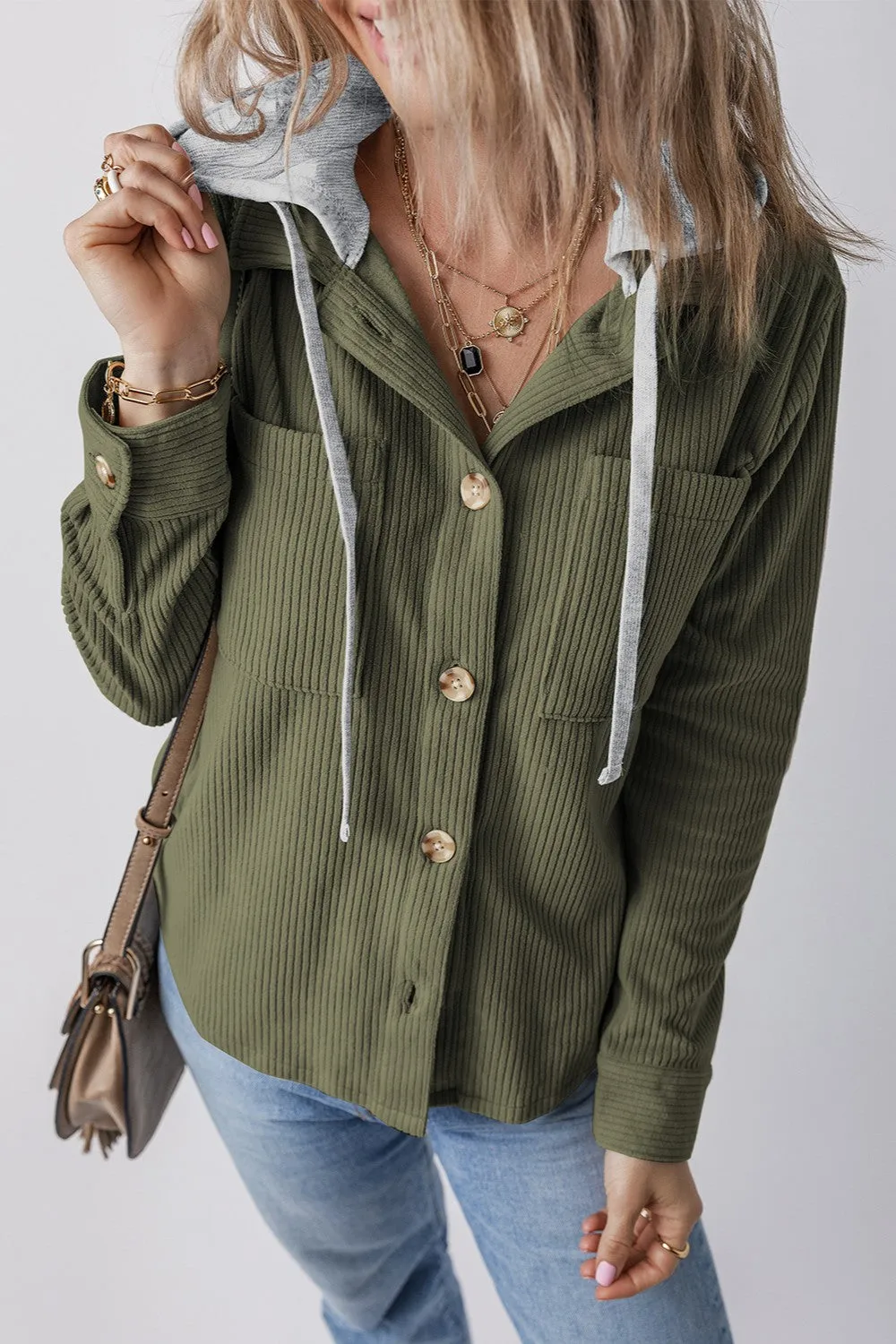 Drawstring Button Up Long Sleeve Hooded Jacket