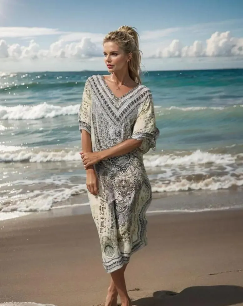 Egyptian Long Silk Embellished Kaftan - Fashion Spectrum