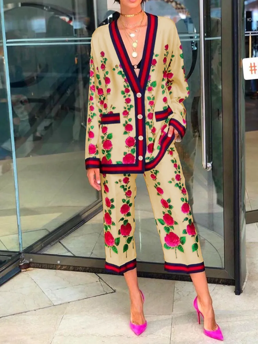 Fashion Elegant Long Sleeve Coat Pants Retro Floral Suit