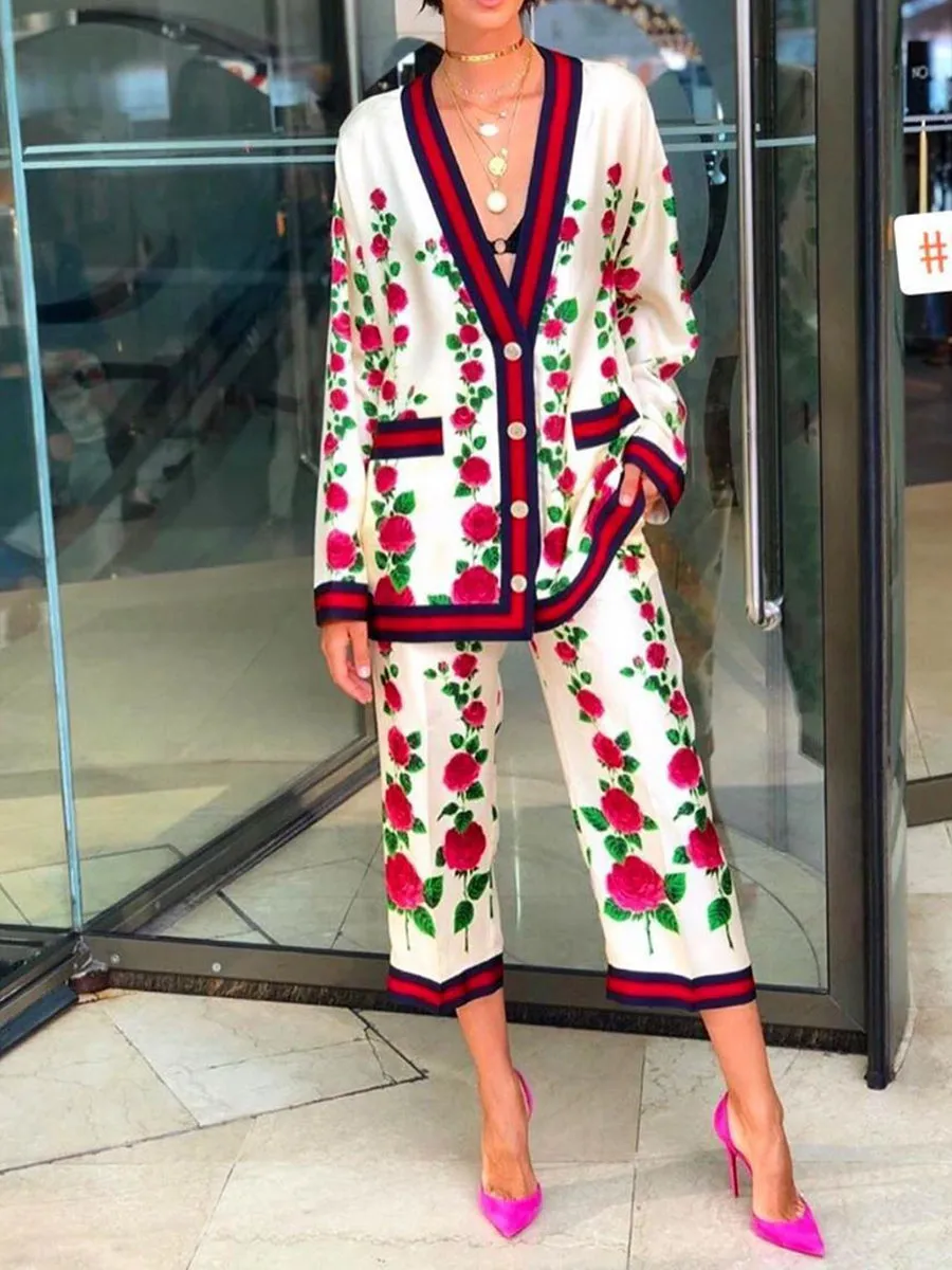 Fashion Elegant Long Sleeve Coat Pants Retro Floral Suit