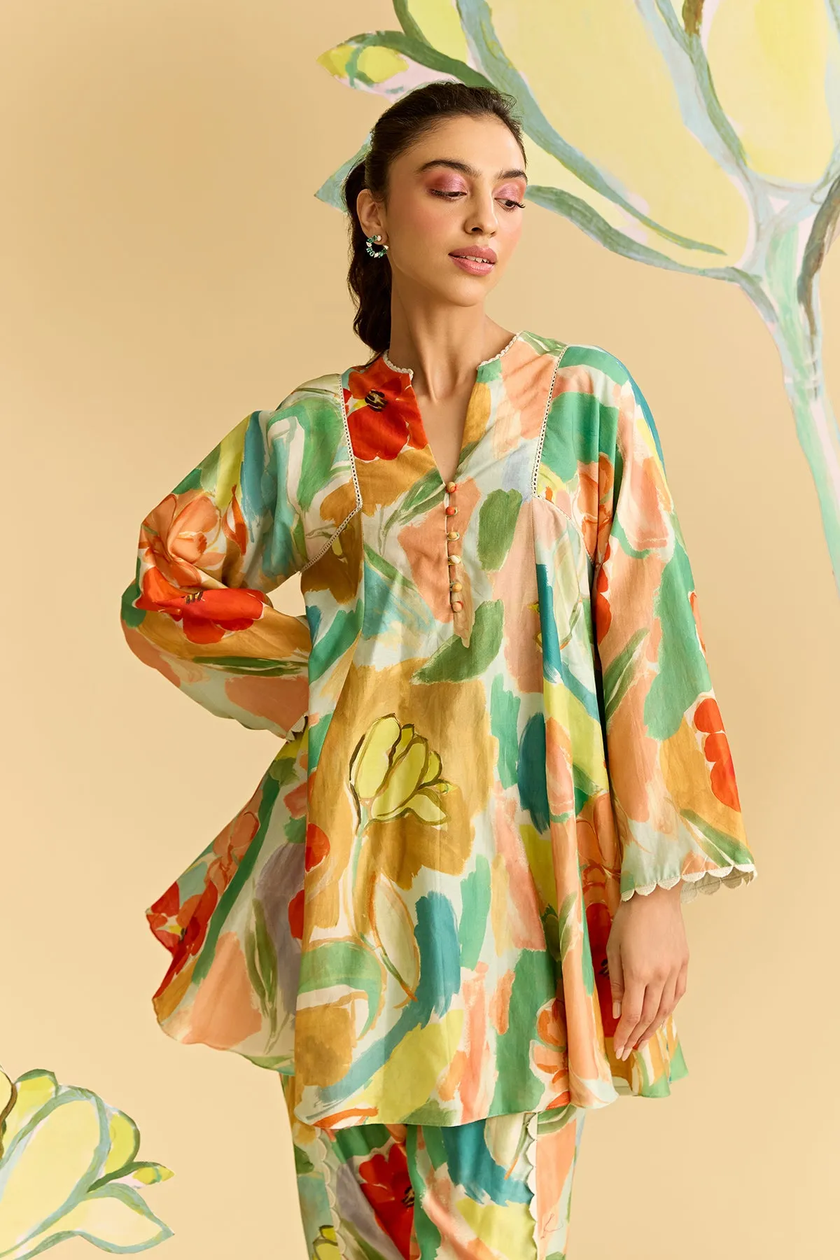 Floral Printed Flared Short Kurta Set