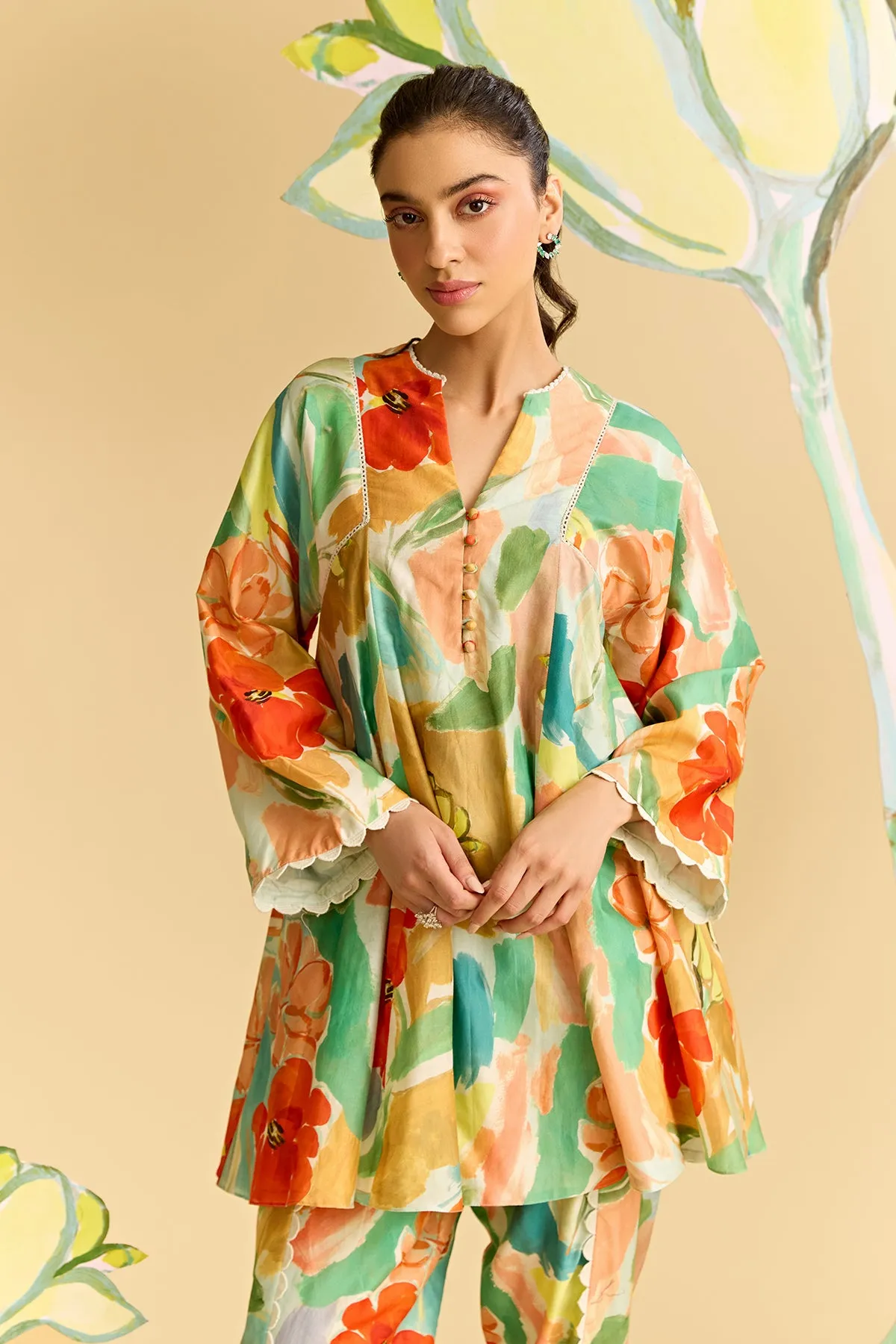 Floral Printed Flared Short Kurta Set