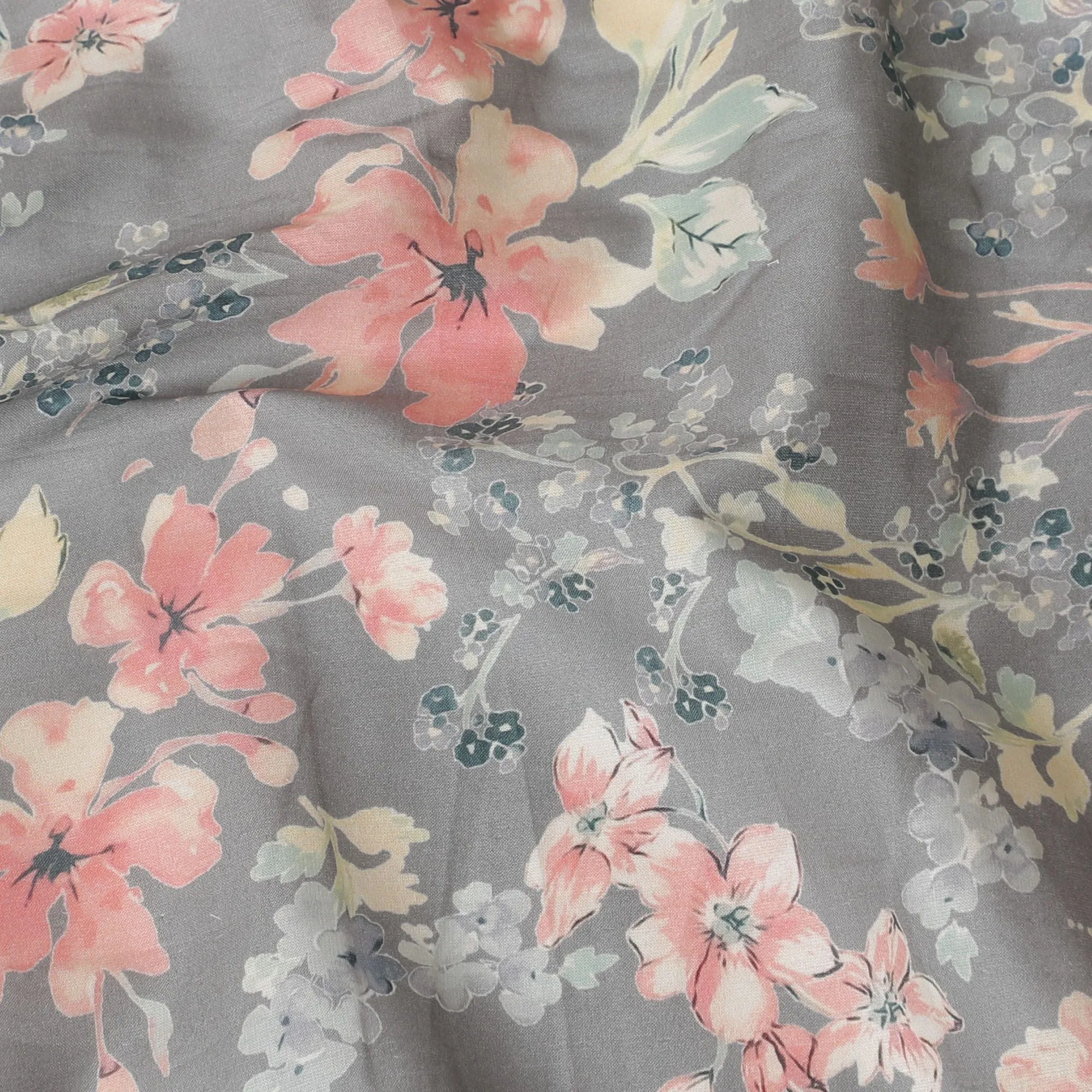 Fossil grey cotton satin fabric with multicolor print in floral design-D16775