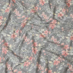 Fossil grey cotton satin fabric with multicolor print in floral design-D16775