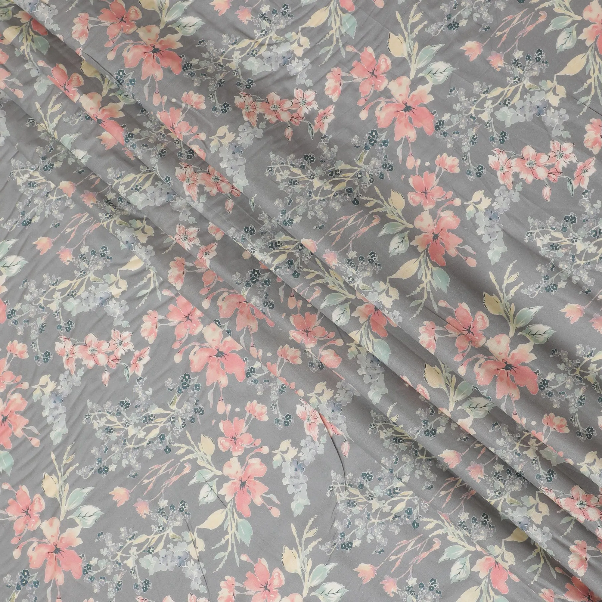 Fossil grey cotton satin fabric with multicolor print in floral design-D16775