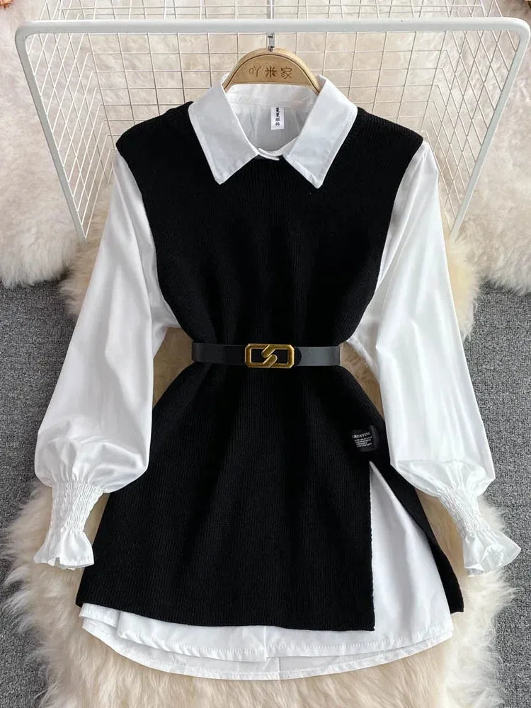 Girlary New Autumn Fashion Korean Office Lady Lapel Lantern Sleeves White Shirt  V-neck Knitted Vest Casual Two-piece Set Clothes Women