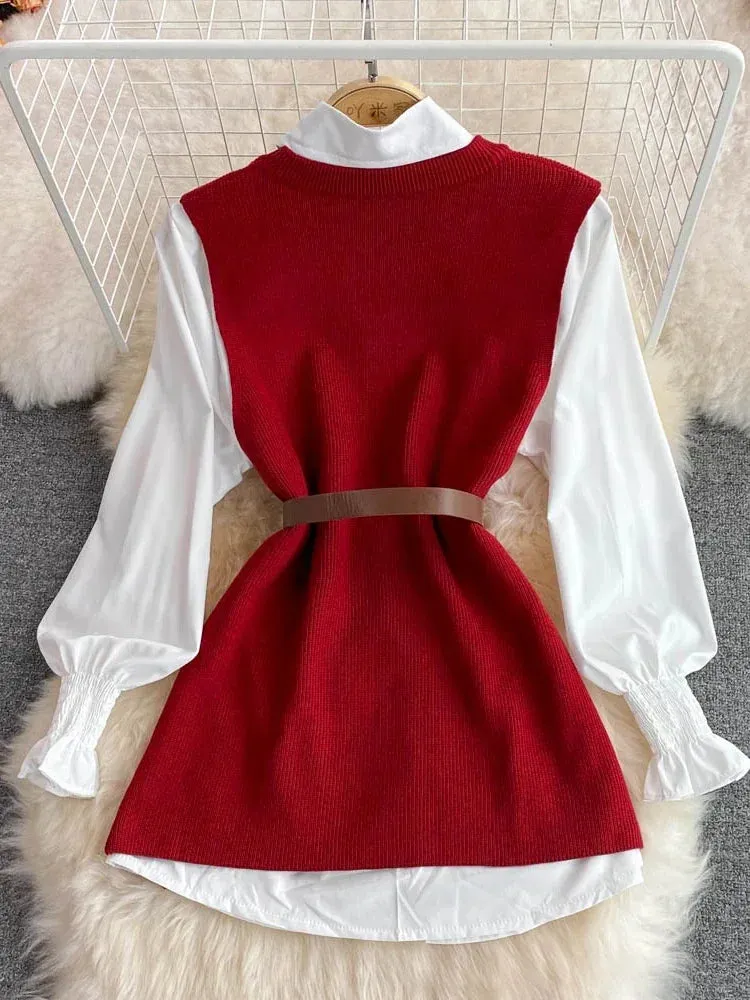 Girlary New Autumn Fashion Korean Office Lady Lapel Lantern Sleeves White Shirt  V-neck Knitted Vest Casual Two-piece Set Clothes Women