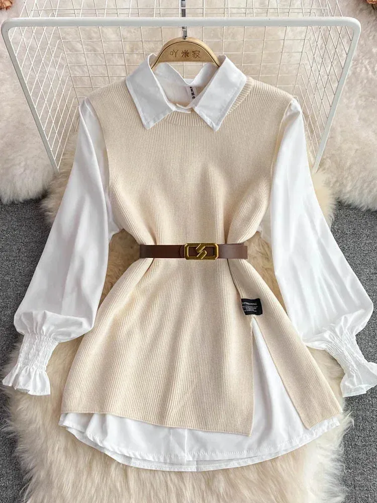 Girlary New Autumn Fashion Korean Office Lady Lapel Lantern Sleeves White Shirt  V-neck Knitted Vest Casual Two-piece Set Clothes Women