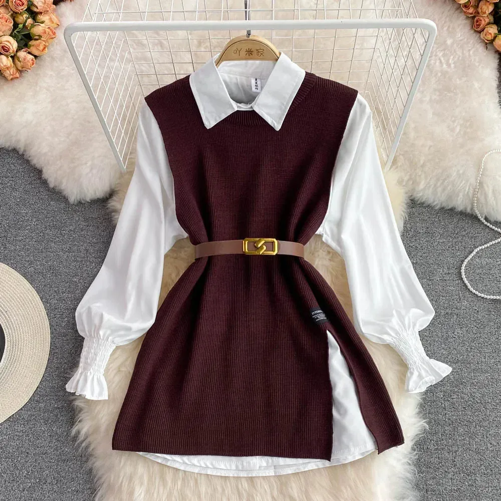 Girlary New Autumn Fashion Korean Office Lady Lapel Lantern Sleeves White Shirt  V-neck Knitted Vest Casual Two-piece Set Clothes Women