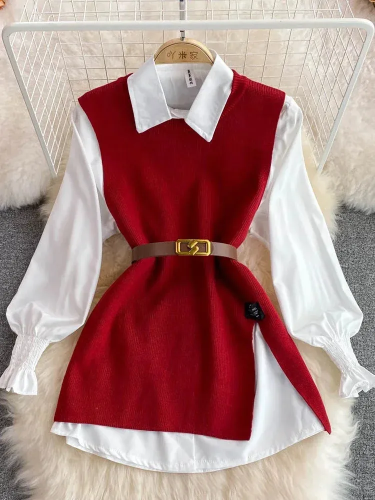 Girlary New Autumn Fashion Korean Office Lady Lapel Lantern Sleeves White Shirt  V-neck Knitted Vest Casual Two-piece Set Clothes Women