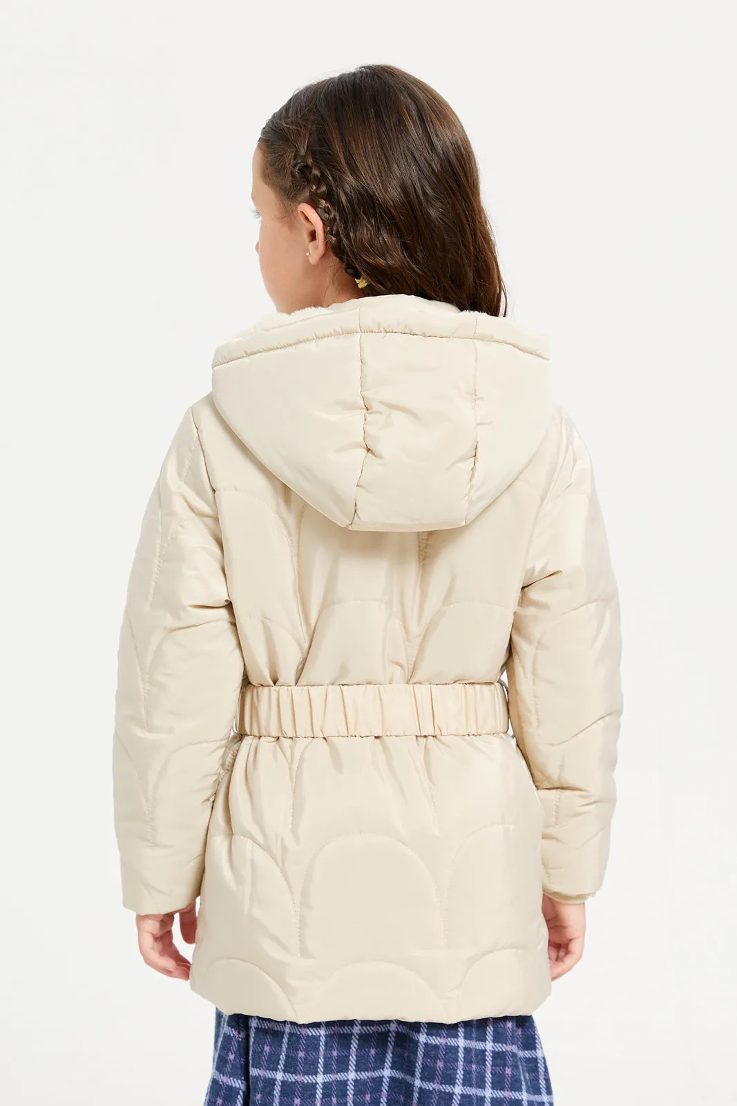 Girls Beige Puffer Jacket With Belt