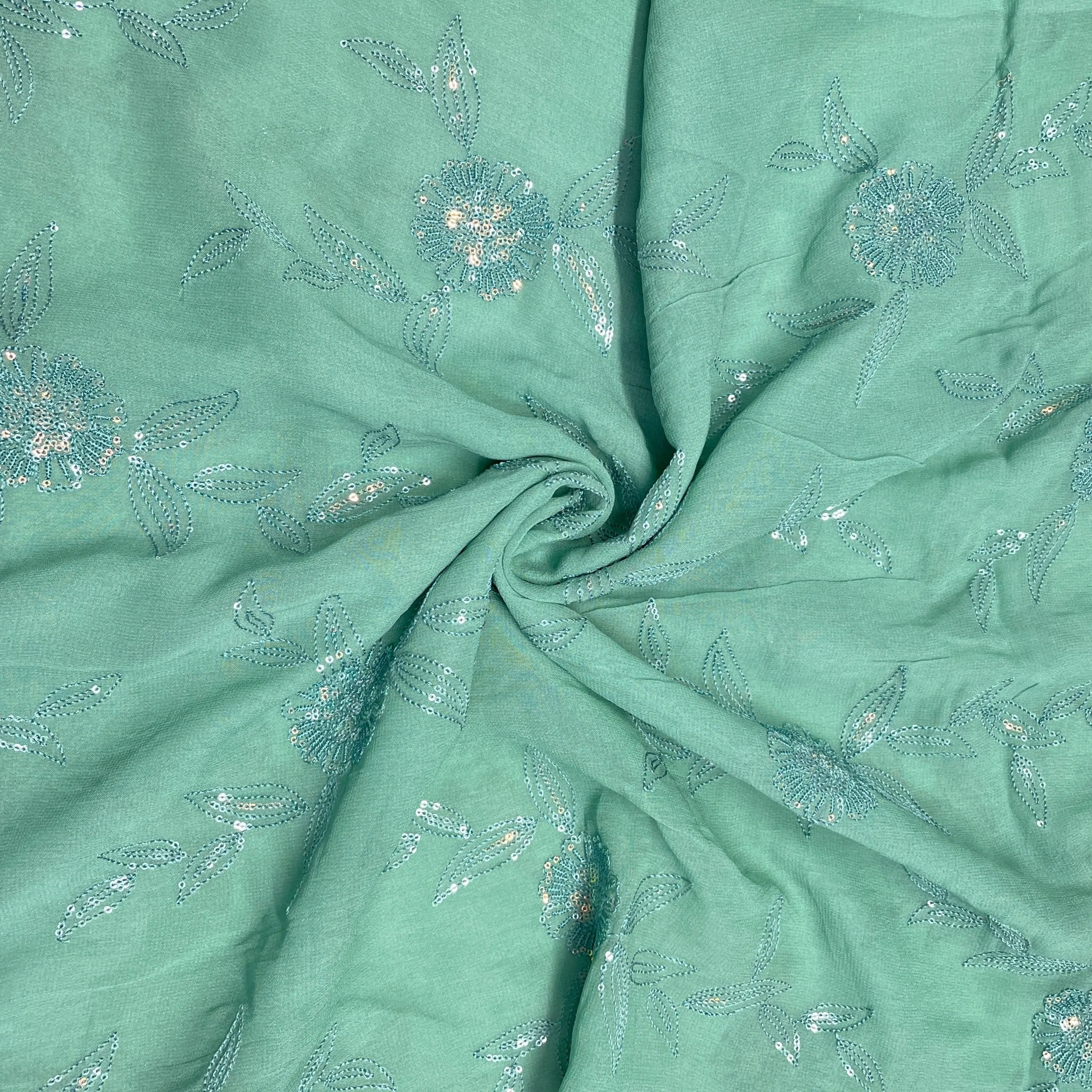 Green Floral Sequins Embroidery Georgette Fabric