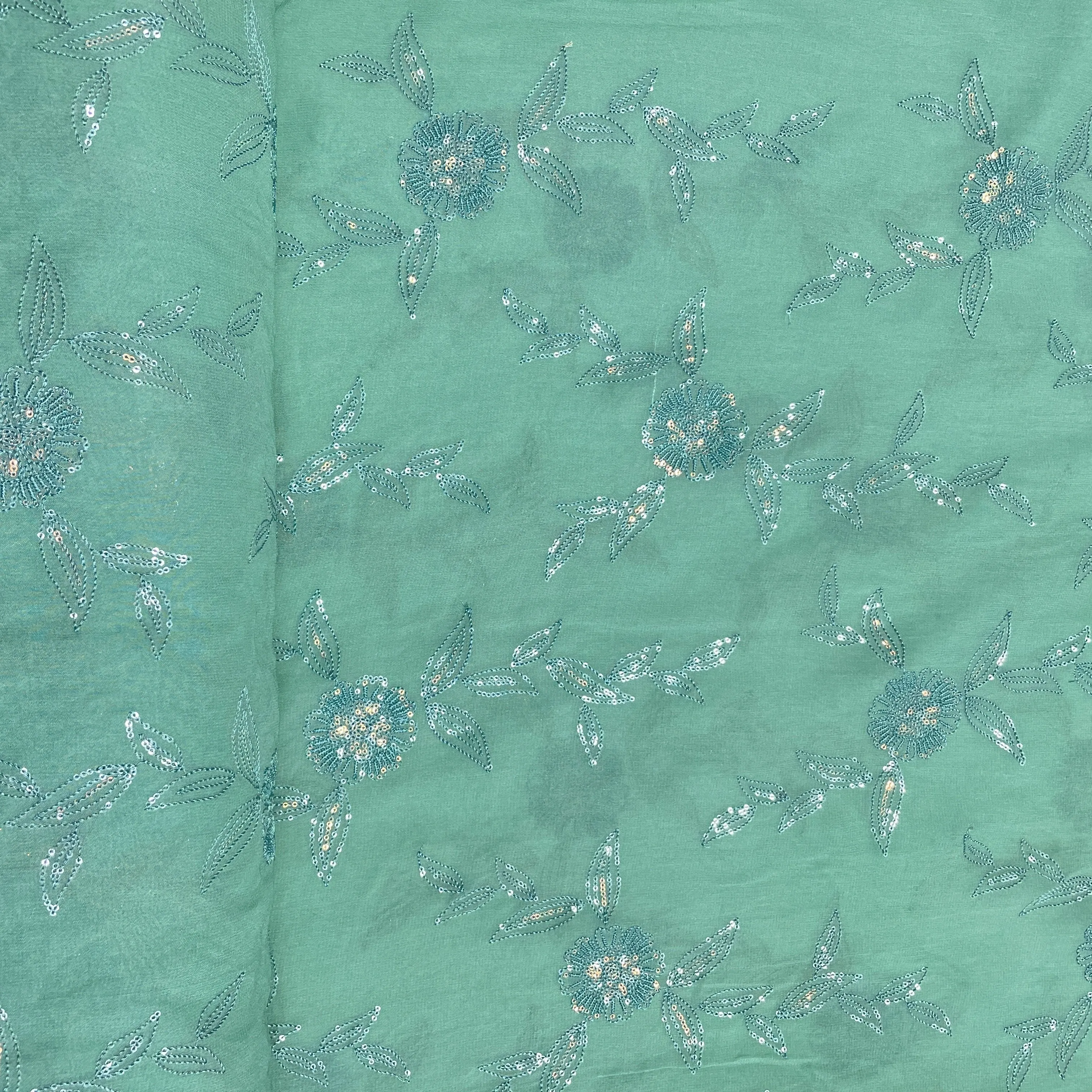 Green Floral Sequins Embroidery Georgette Fabric