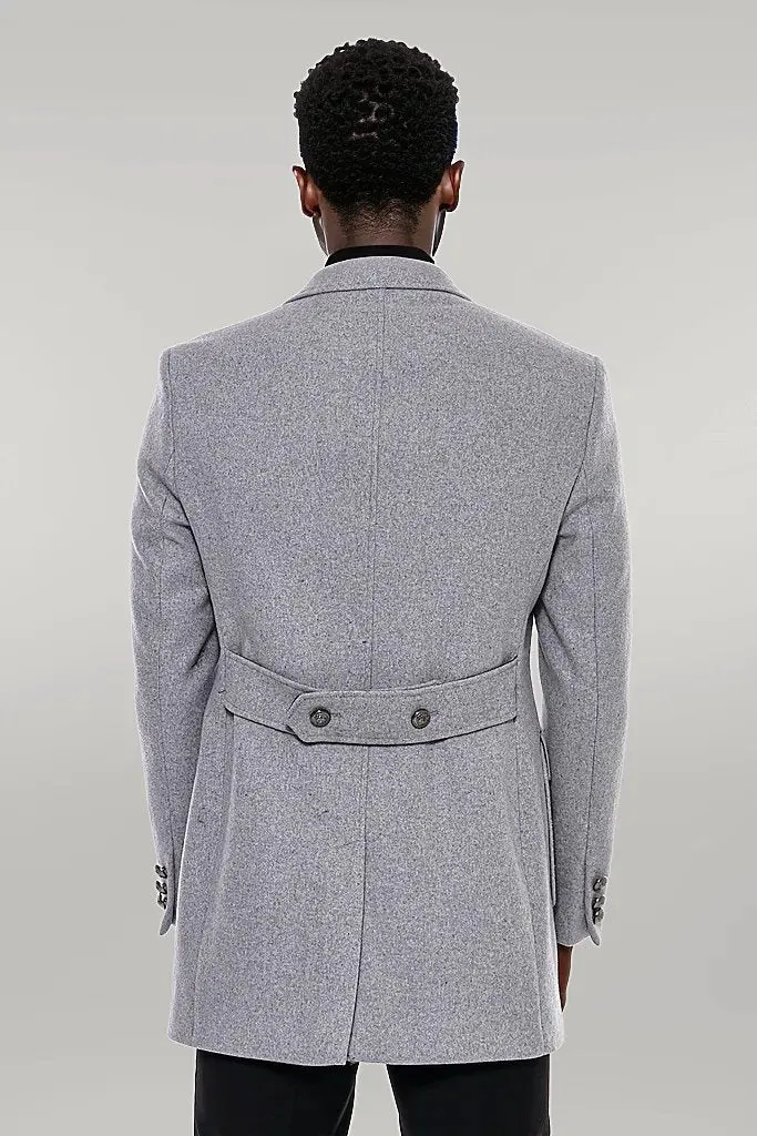 Grey Metal Buttoned Double Breasted Long Coat - Wessi