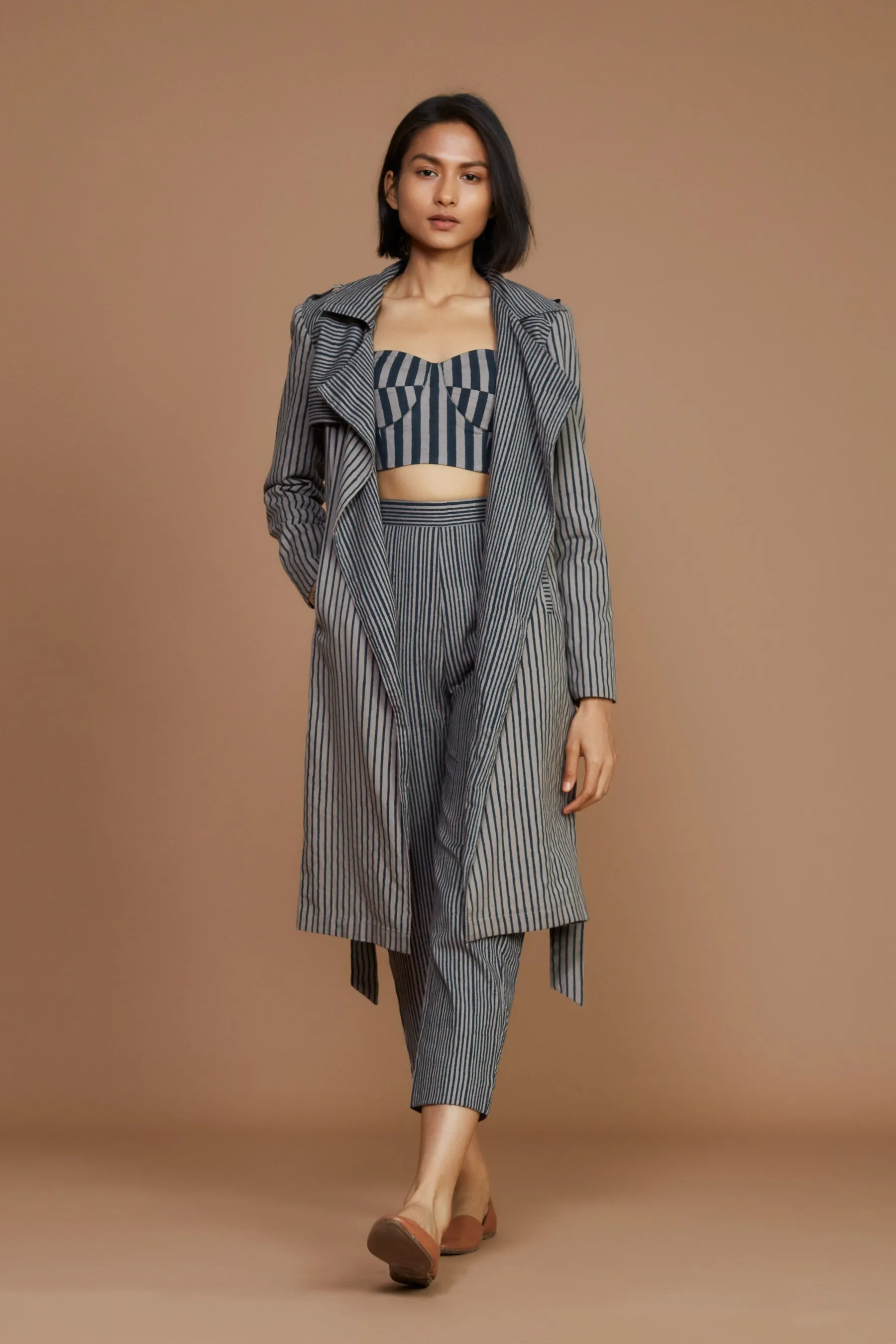 Grey With Charcoal Striped Trench & Corset Co-Ord Set (3 Pcs)