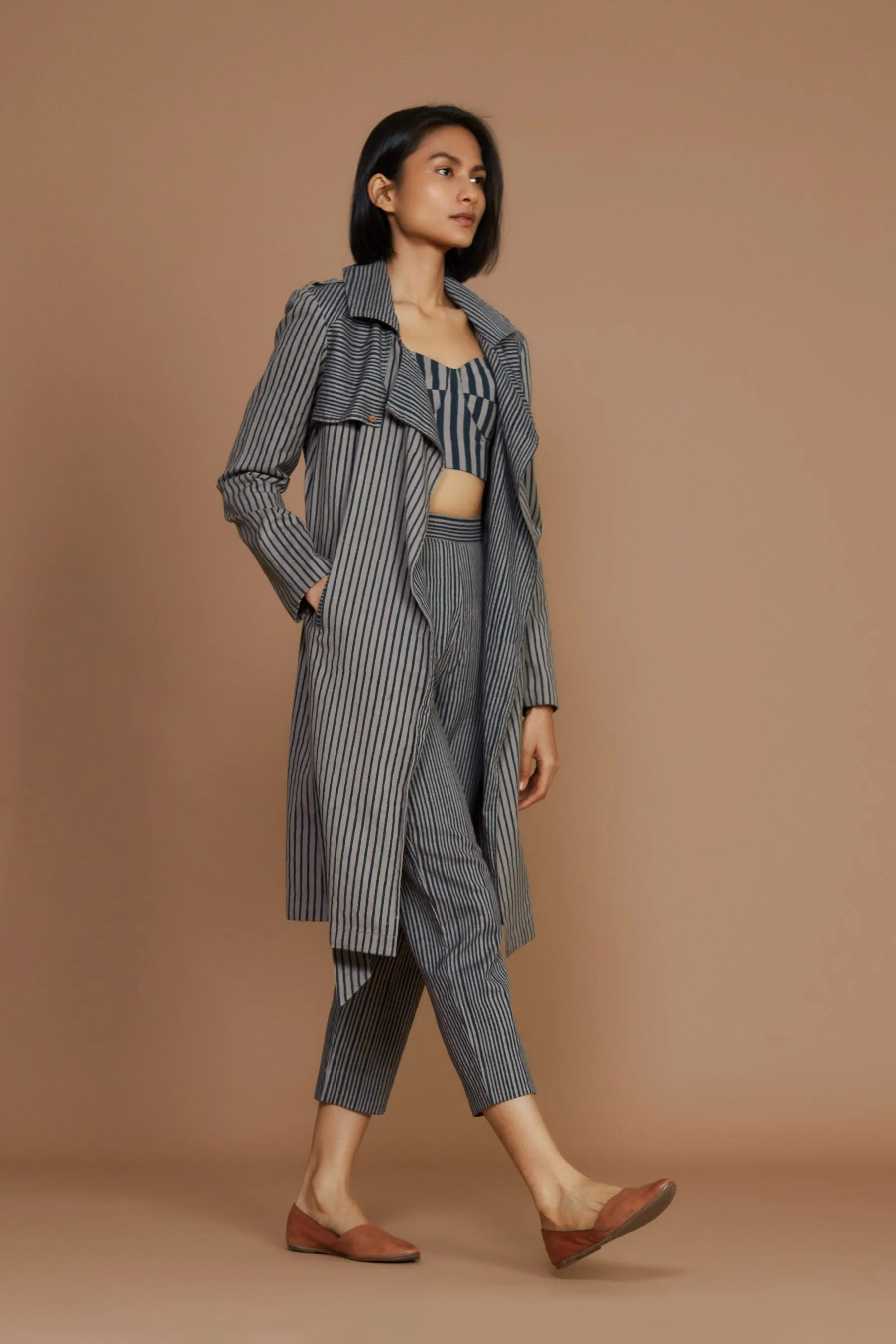 Grey With Charcoal Striped Trench & Corset Co-Ord Set (3 Pcs)