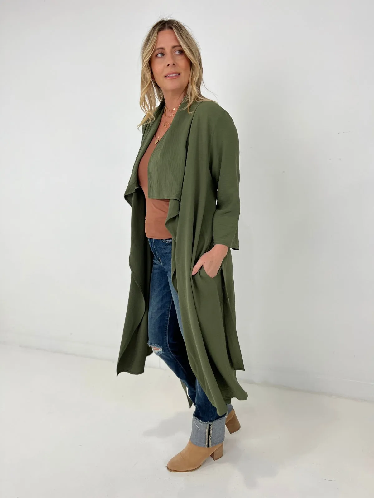 Jade By Jane Draped Front Long Body Jacket