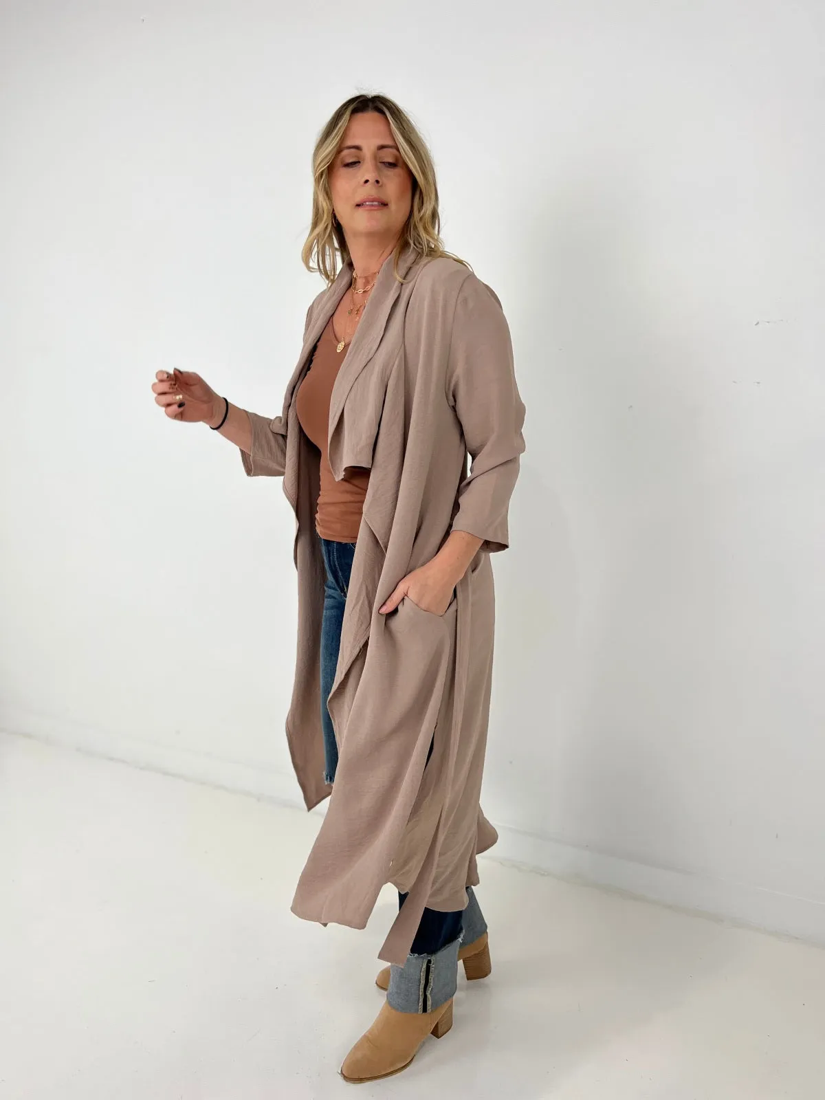 Jade By Jane Draped Front Long Body Jacket