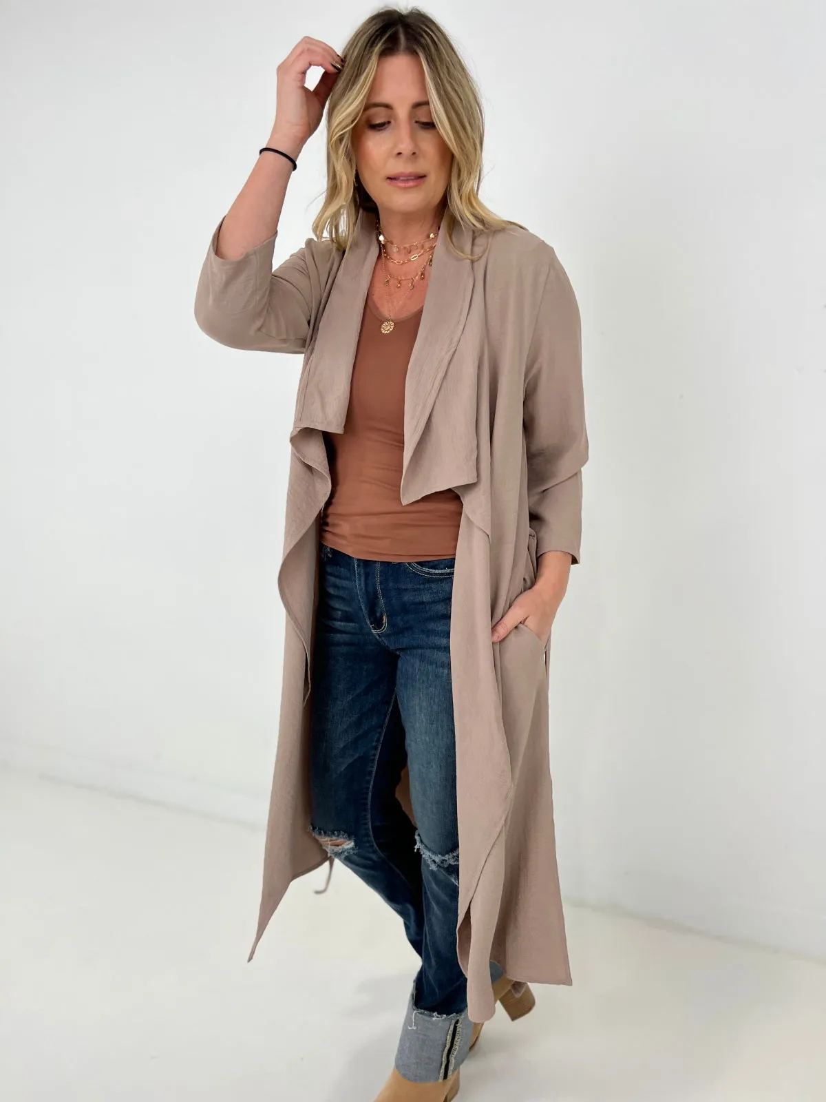 Jade By Jane Draped Front Long Body Jacket