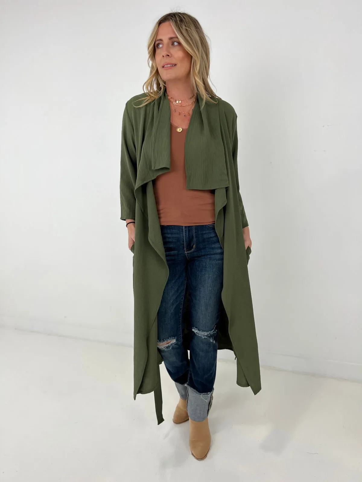 Jade By Jane Draped Front Long Body Jacket