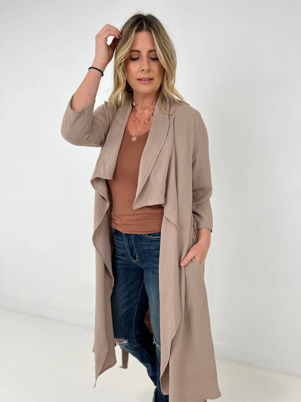 Jade By Jane Draped Front Long Body Jacket