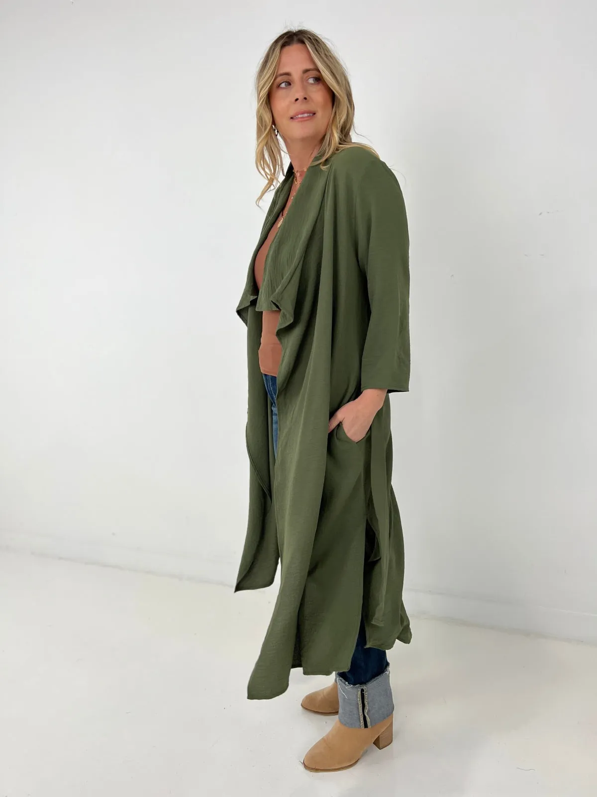 Jade By Jane Draped Front Long Body Jacket