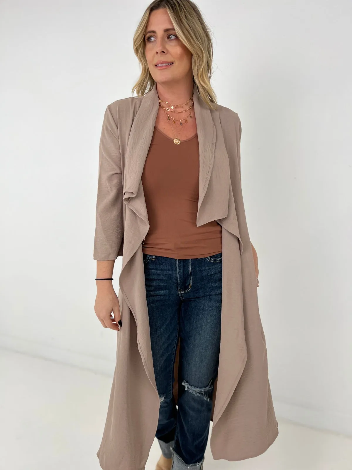 Jade By Jane Draped Front Long Body Jacket