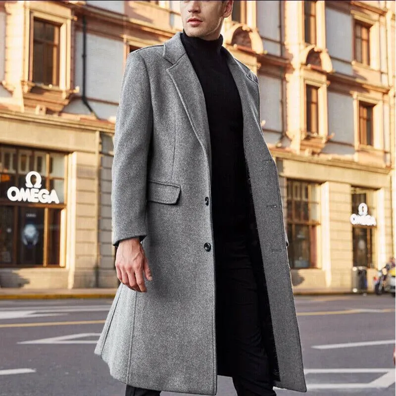 Jinquedai mens winter fashion British Men's Long Trench Coat Woolen Coat Men's Woolen Coat