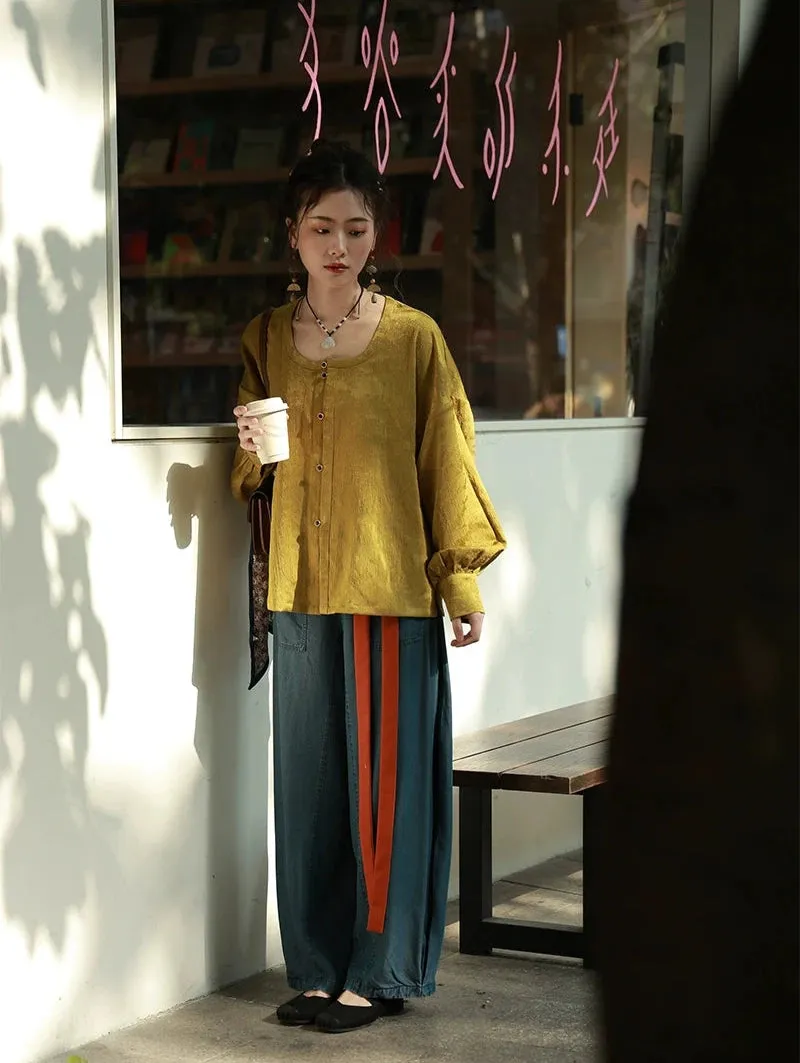 Jixin 鸡心 Chicken Heart Modernized Tang Song Tencel Denim Trousers & Tanling Scoop Shirt Set