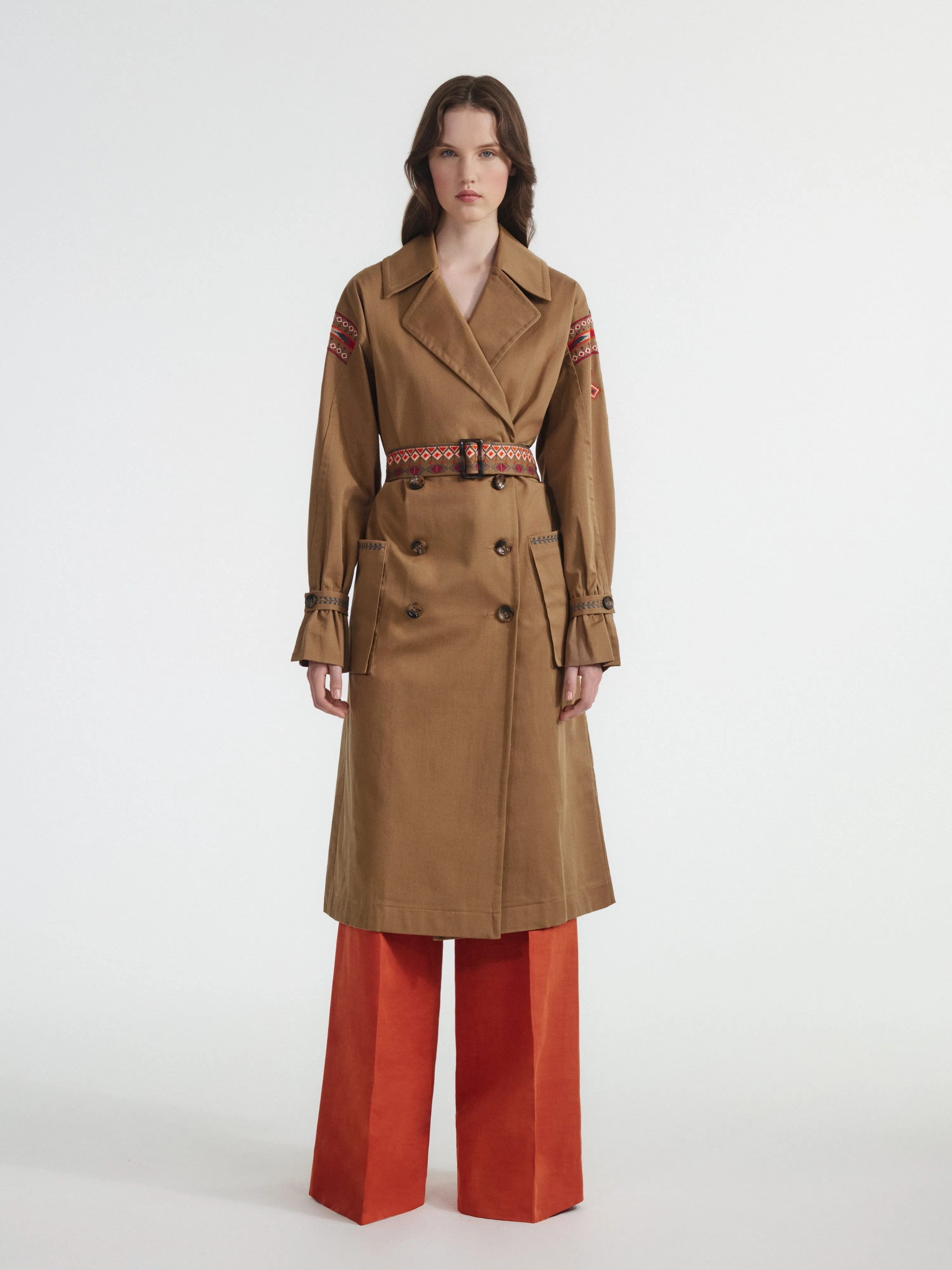 Khaki Trench With Ikat Embroidery