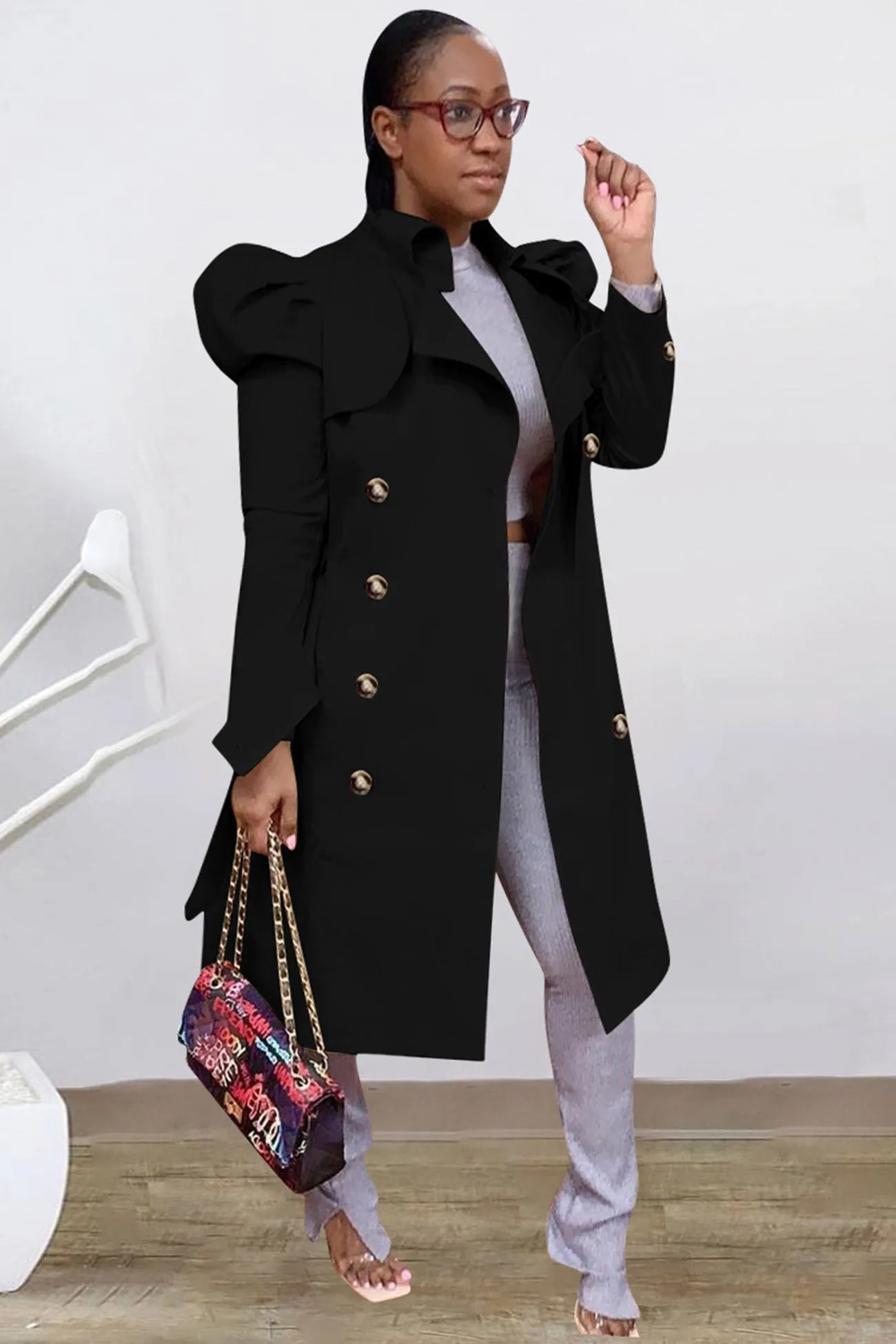 Lapel Puff Sleeve Long Trench